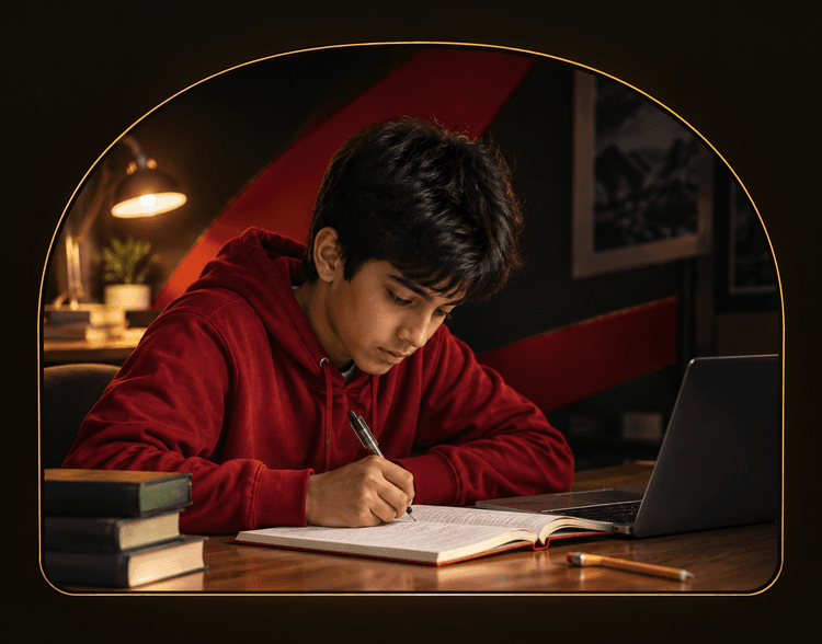 Young student studying at desk with notebook and Edu X platform